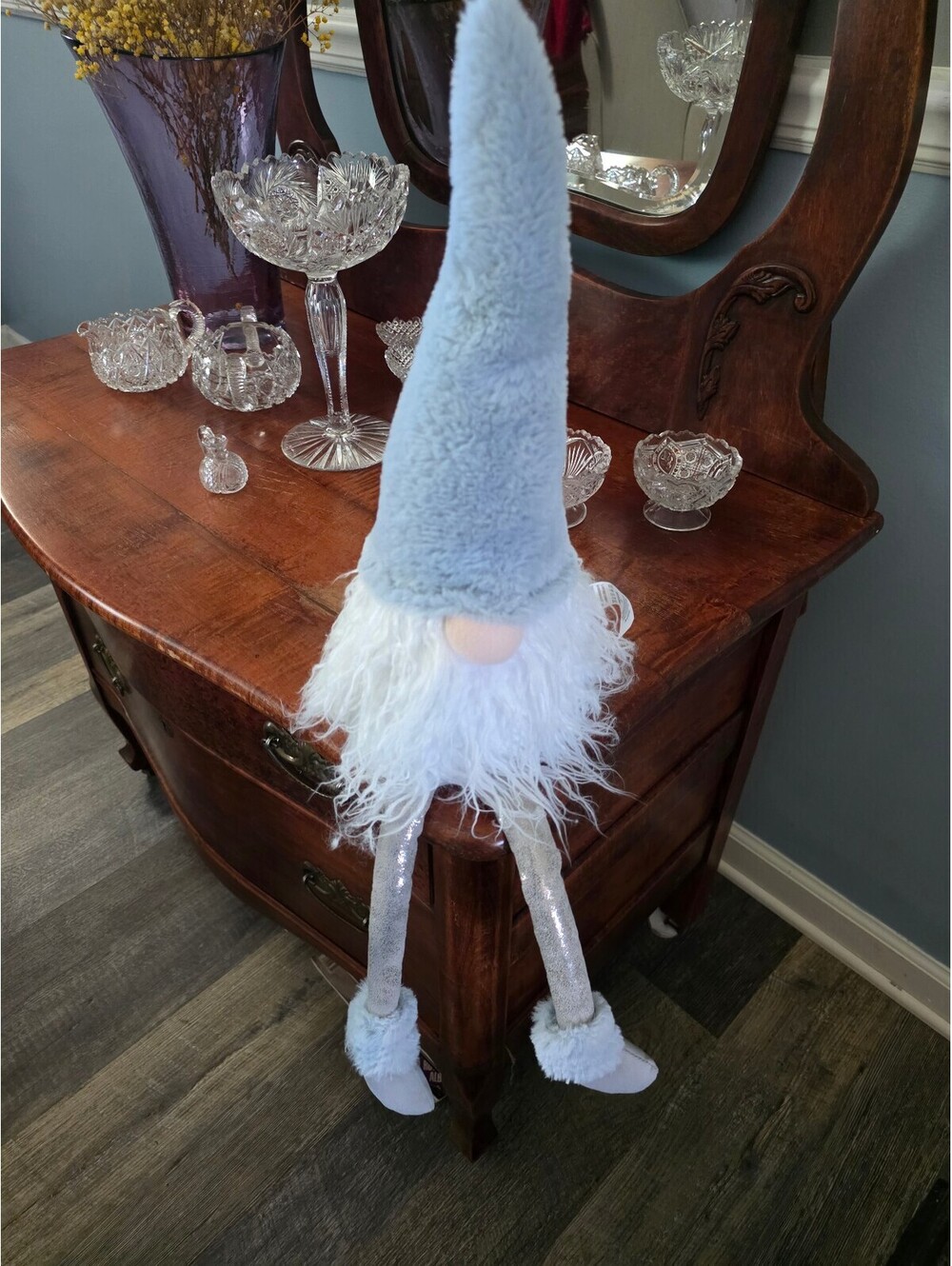 Plush Blue and White Gnome with Long Hat and Bearded Face Decorative Figurine